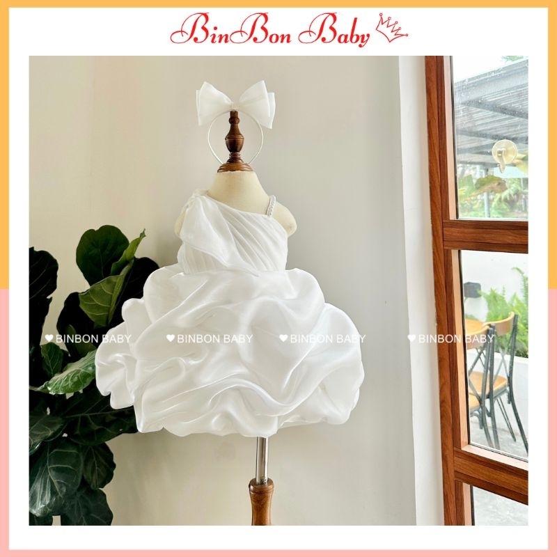 Váy công chúa cho bé gái BINBON BABY, đầm công chúa lệch vai nơ cho bé gái
