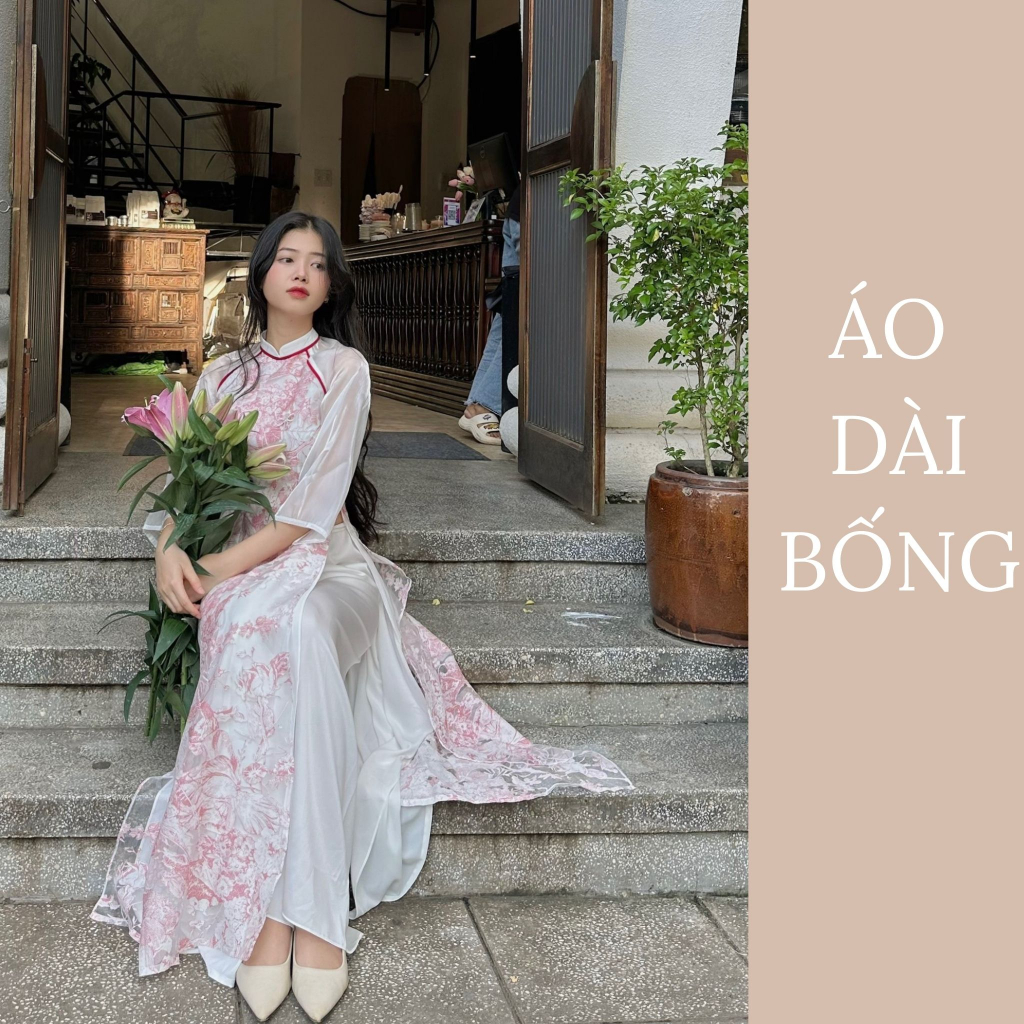 Áo dài hồng phấn bốn tà BỐNG may sẵn kèm quần ( Áo dài Ngọc Mai)