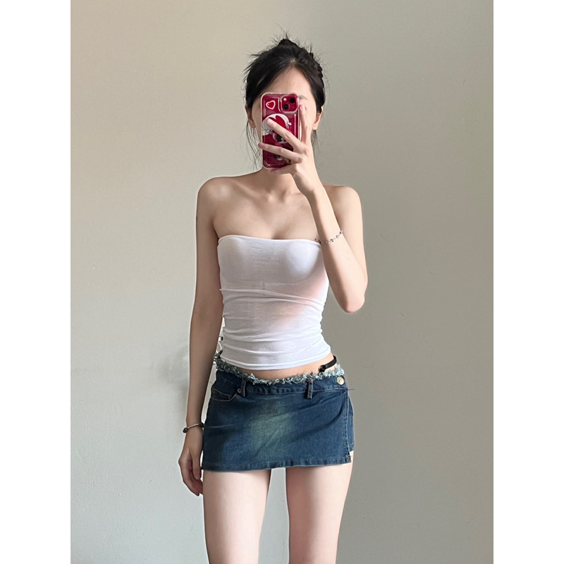 Quần jean giả váy cạp trễ vạt chéo