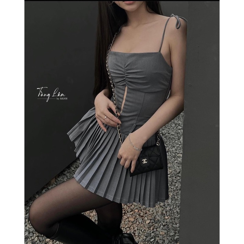 Váy Hai Dây Xoè Xếp Ly Màu Ghi Tây