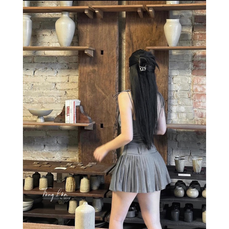 Váy Hai Dây Xoè Xếp Ly Màu Ghi Tây