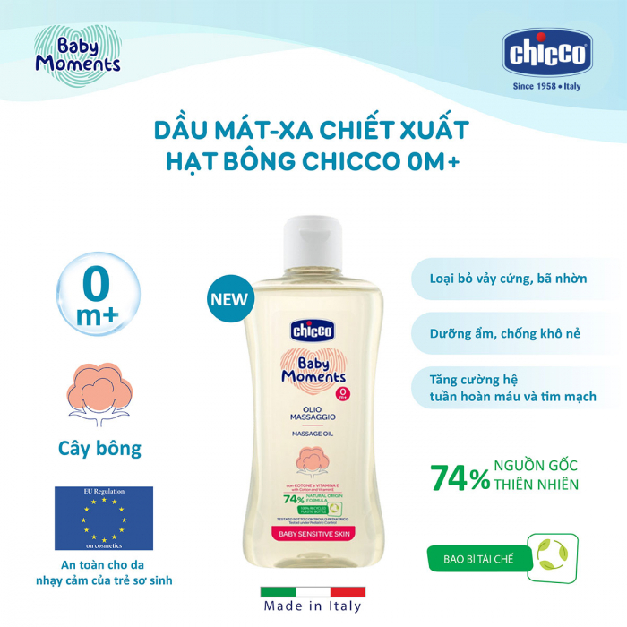 Dầu massage Chicco cho bé từ sơ sinh từ dầu hạt bông hữu cơ dịu nhẹ 200ml