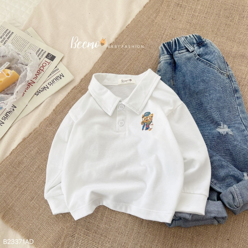 Áo Polo tay dài bé trai BEEMO A054 áo mùa thu cho bé chất liệu cotton co giãn, in hình gấu - PAPALEMON
