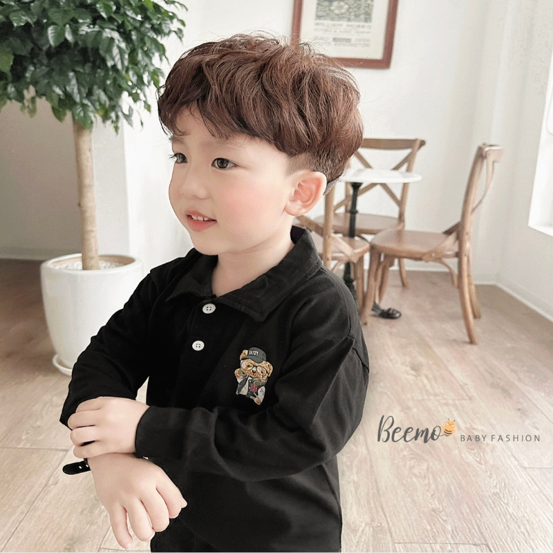Áo Polo tay dài bé trai BEEMO A054 áo mùa thu cho bé chất liệu cotton co giãn, in hình gấu - PAPALEMON