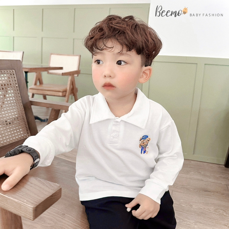 Áo Polo tay dài bé trai BEEMO A054 áo mùa thu cho bé chất liệu cotton co giãn, in hình gấu - PAPALEMON