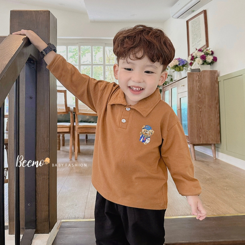 Áo Polo tay dài bé trai BEEMO A054 áo mùa thu cho bé chất liệu cotton co giãn, in hình gấu - PAPALEMON