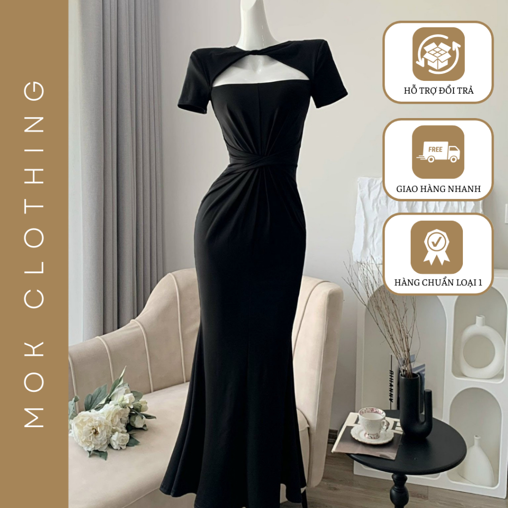 Đầm váy nữ kiểu khoét ngắn tay ôm xoắn eo form dài xoè xếp li phong cách hàn quốc siêu tôn dáng, sang chảnh đi tiệc