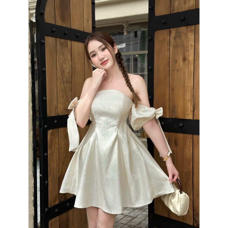 Đầm trễ vai nơ tafta BYBYPIL vân gỗ cao cấp Jasmine
