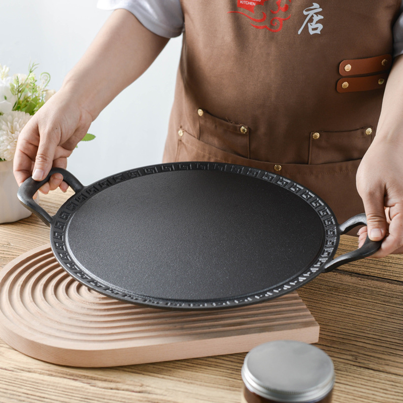 Đĩa gang nướng BBQ, làm bánh dùng cho bếp từ, bếp gas, bếp điện, bếp than, bếp củi chống dính tự nhiên