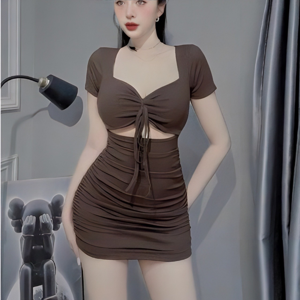 Đầm Body Tay Ngắn Bo Chun Cột Dây , Đầm Dự Tiệc Đi Chơi Phong Cách Thời Trang Quyến Rũ Cao Cấp LOTENA D012