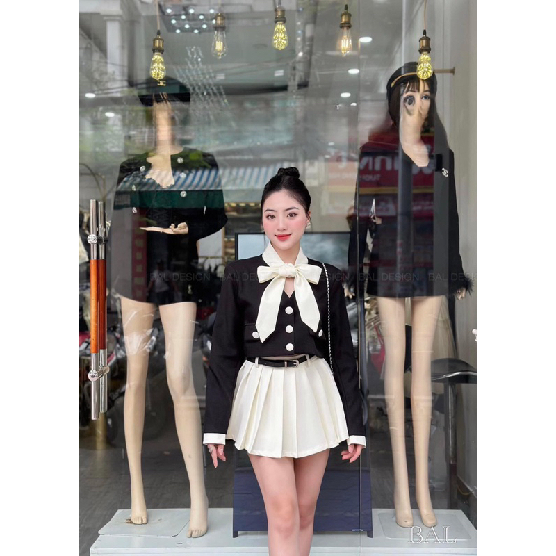 Youni.clothes - sét dạ tweet phối nơ tiểu thư kèm đai mix chân váy xếp ly