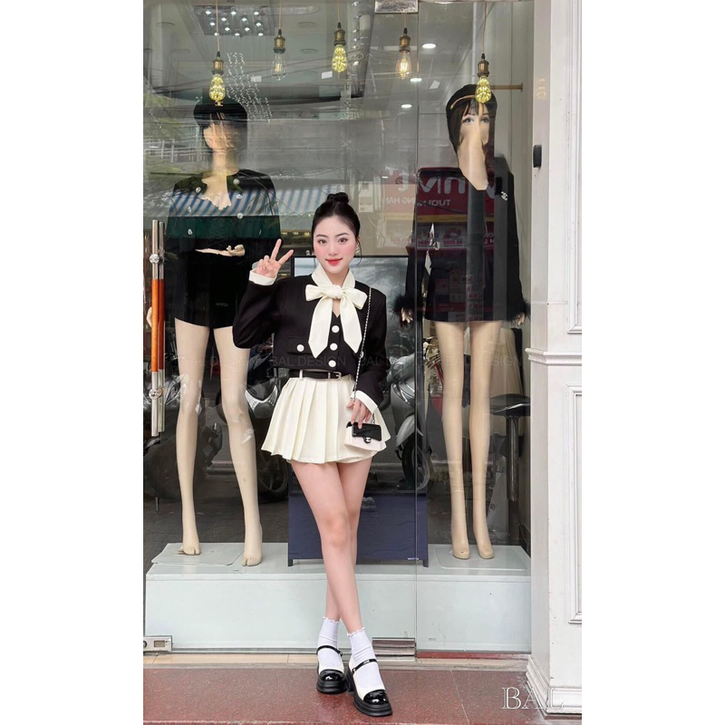 Youni.clothes - sét dạ tweet phối nơ tiểu thư kèm đai mix chân váy xếp ly