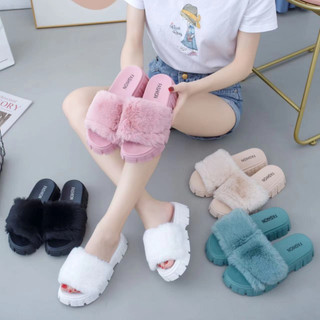 Dép lông 1 bản cao cấp đế cao 5p chống thấm nước, dép quai ngang gắn lông siêu mềm