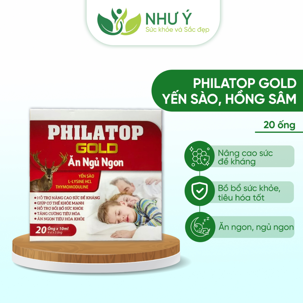 Philatop Gold hộp 20 ống 10ml hỗ trợ ăn ngủ ngon, tăng sức đề kháng tốt cho sức khỏe thành phần yến sào, hồng sâm