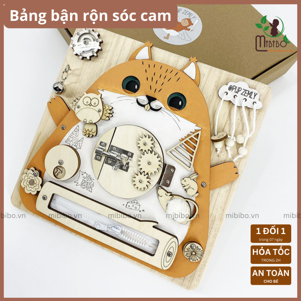 Bảng bận rộn, busy board mẫu gấu, sóc, cú mèo Mibibo.vn, đồ chơi trí tuệ, đồ chơi bằng gỗ dành cho bé từ 1 tuổi