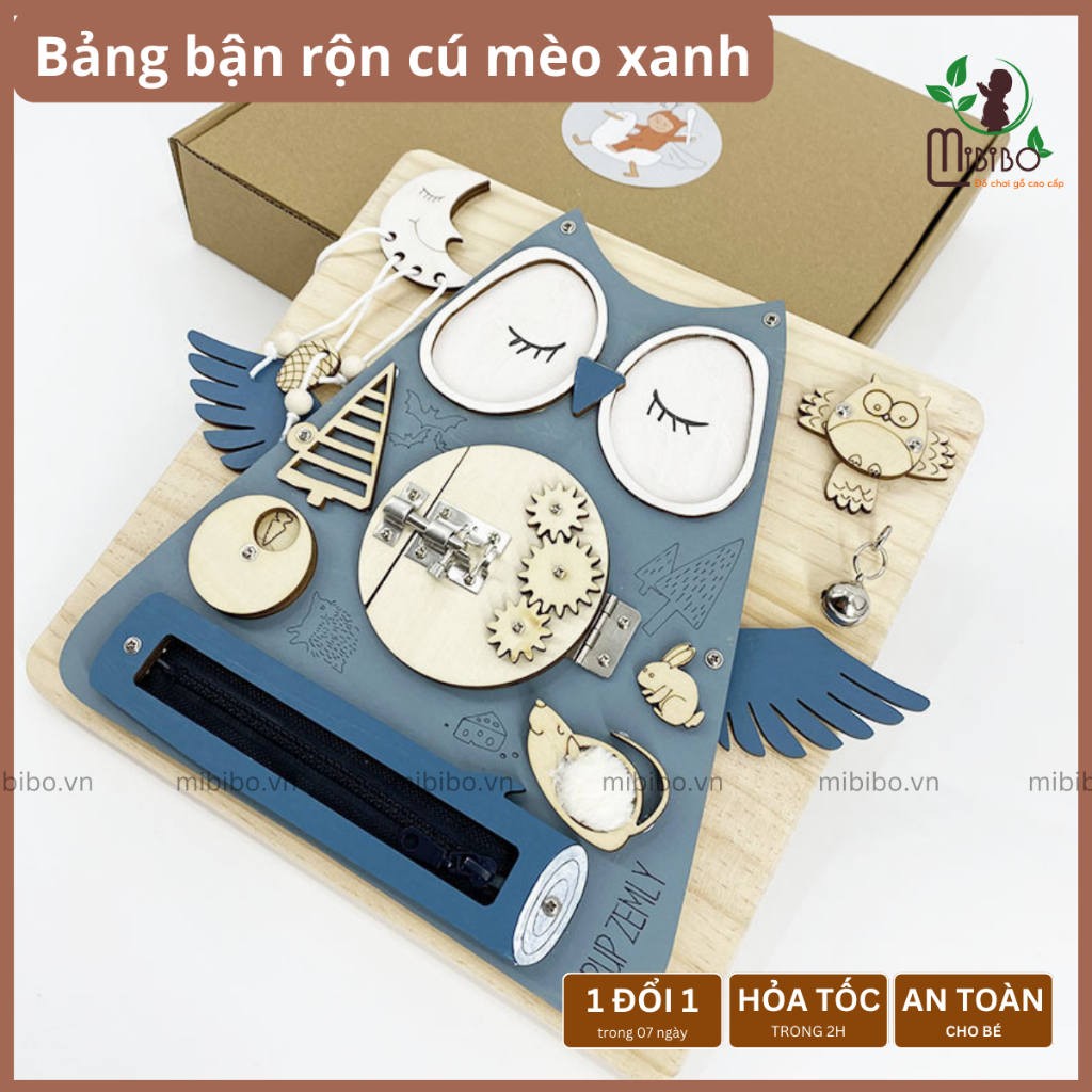 Bảng bận rộn, busy board mẫu cú mèo Mibibo.vn, đồ chơi trí tuệ, đồ chơi bằng gỗ dành cho bé từ 1 tuổi