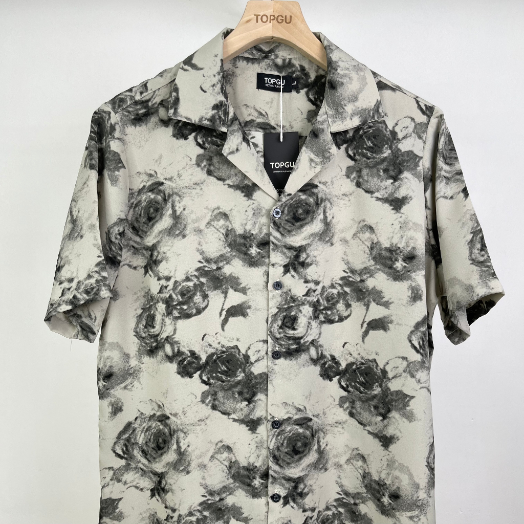Áo sơ mi TOPGU họa tiết Rose, Cubanshirt vải lụa thoáng mát.