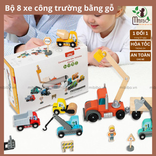 Bộ 8 xe tải đồ chơi bằng gỗ dành cho bé, bao gồm xe tải, xe xúc, xe ủi, xe bê tông, cần cẩu