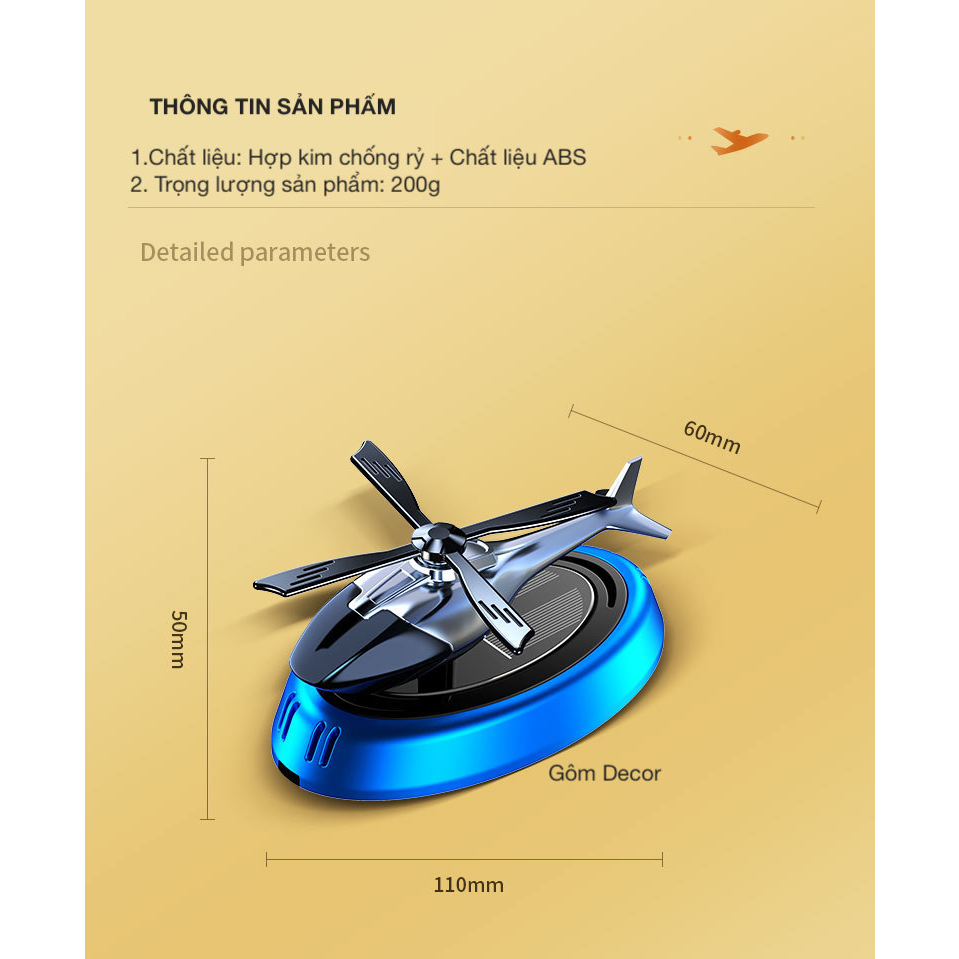 Nước hoa năng lượng mặt trời hình máy bay trực thăng gắn taplo ô tô, khuyếch tán hương thơm