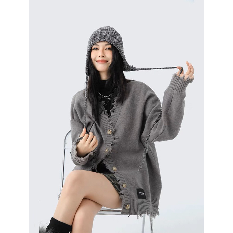 Áo Cardigan Len Xám Dài Tay Tua Rua Siêu Chất