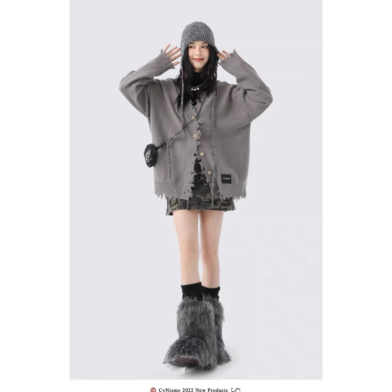 Áo Cardigan Len Xám Dài Tay Tua Rua Siêu Chất