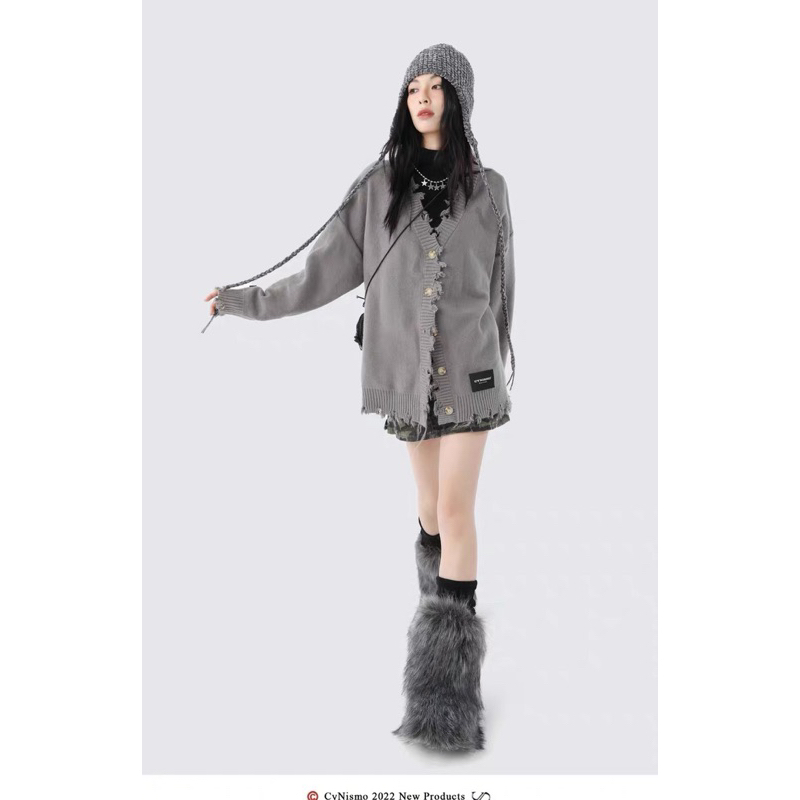 Áo Cardigan Len Xám Dài Tay Tua Rua Siêu Chất