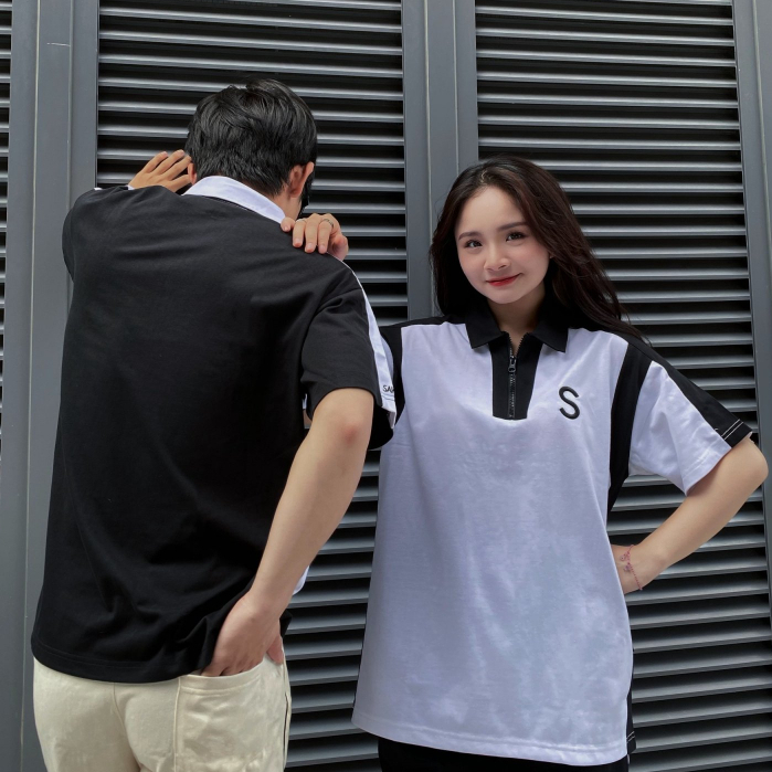 Áo Polo Unisex SAIGONESE Chữ Thêu Phối Khóa Kéo Form Rộng Nam Nữ / Trắng