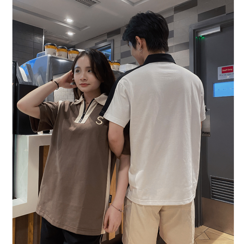Áo Polo Unisex SAIGONESE Chữ Thêu Phối Khóa Kéo Form Rộng Nam Nữ / Nâu