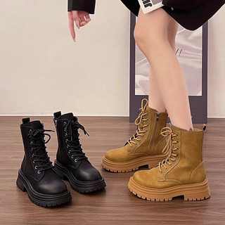 Bốt martin nữ cổ ngắn buộc dây đế răng cưa cao 5cm có khoá kéo