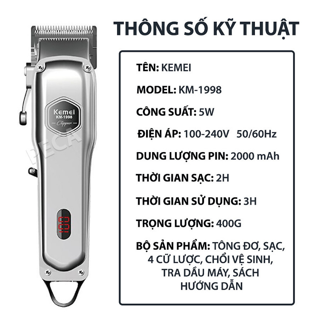 Tông đơ cắt tóc Kemei 1998, Tông đơ Thân Nhôm Nguyên Khối Chuyên Nghiệp Cho Salon Và Gia Đình