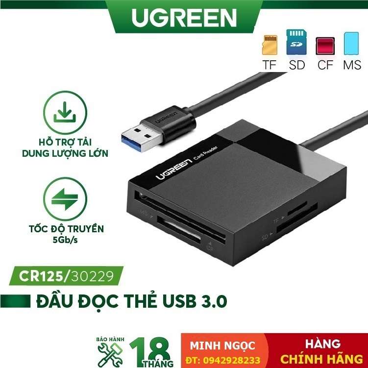 Đầu đọc các loại thẻ nhớ SD/TF/CF/MS tốc độ 3.0 Ugreen 30229 CR125 - Hàng Chính Hãng
