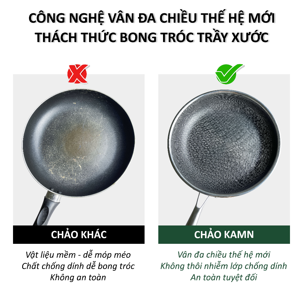 Chảo chống dính bếp từ kamn inox 304, có nắp, công nghệ khắc 2 mặt Ultra Hybrid 26cm 28cm