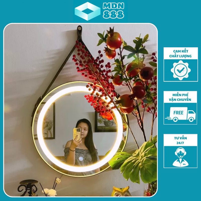 Gương trang điểm treo tường đèn led dây da simili - Gương nhà tắm đèn led cảm ứng 3 màu
