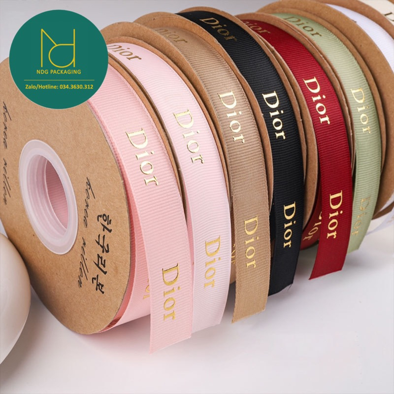 Dây ruy băng dài bản 2cm in chữ Dior nhũ vàng sang chảnh