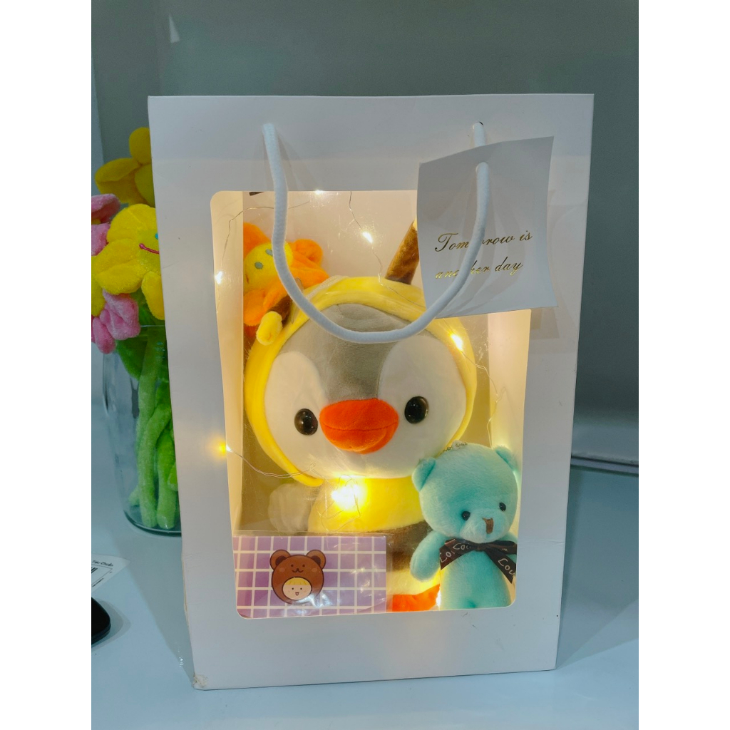 Set quà tặng hoa và gấu bông sinh nhật, kèm đèn led tặng người yêu, bạn thân, quà sinh nhật