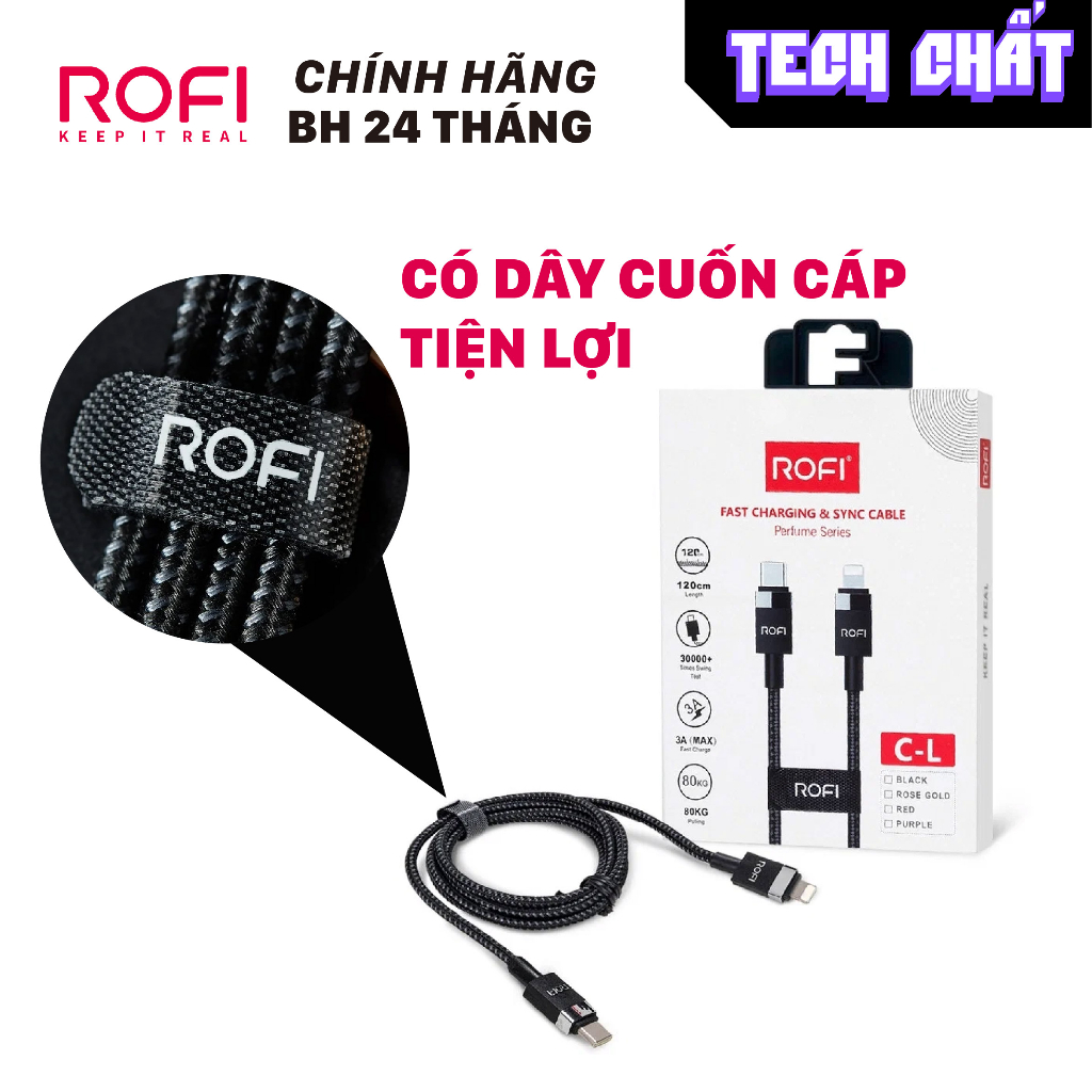 Cáp sac nhanh PD 40W C to L siêu bền boc sơi Kevlar chống đạn siêu bền chính hãng Rofi chuẩn M.F.l