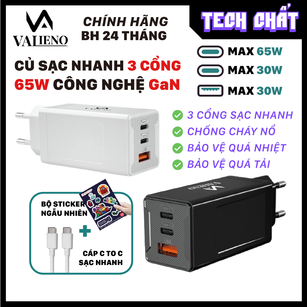 Củ sạc nhanh Valieno 65W 3 cổng sạc nanh công nghệ GaN chống cháy nổ cực kì nhỏ gọn bán chạy nhất Mỹ