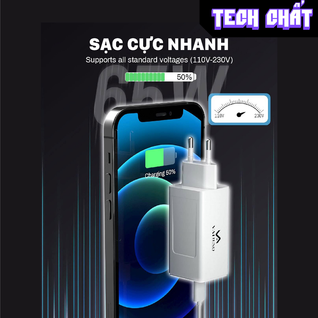 Củ sạc nhanh Valieno 65W 3 cổng sạc nanh công nghệ GaN chống cháy nổ cực kì nhỏ gọn bán chạy nhất Mỹ