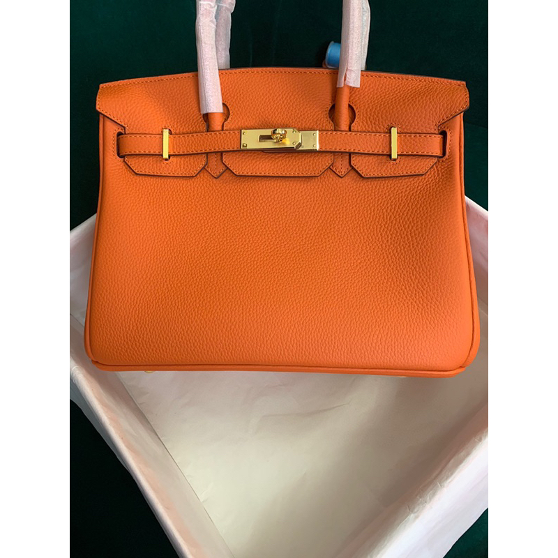 Túi xách HM Birkin size 30, 35 cm. Túi màu cam da bò mềm mại khoá vàng tạo điểm nhấn