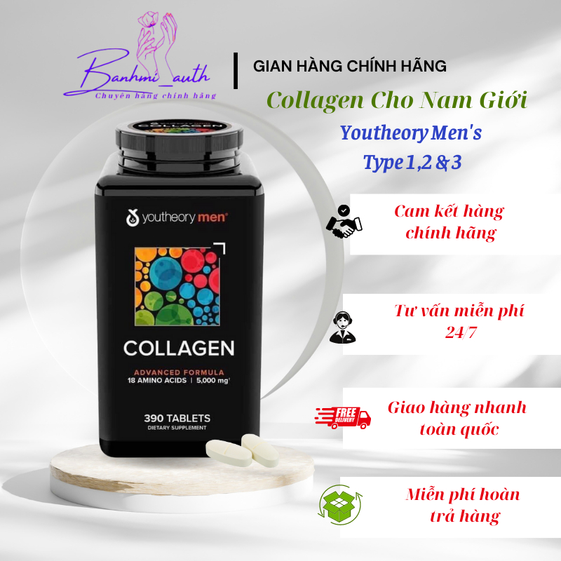 Viên uống Collagen cho nam Youtheory Men s Type 1, 2 & 3, 390 viên