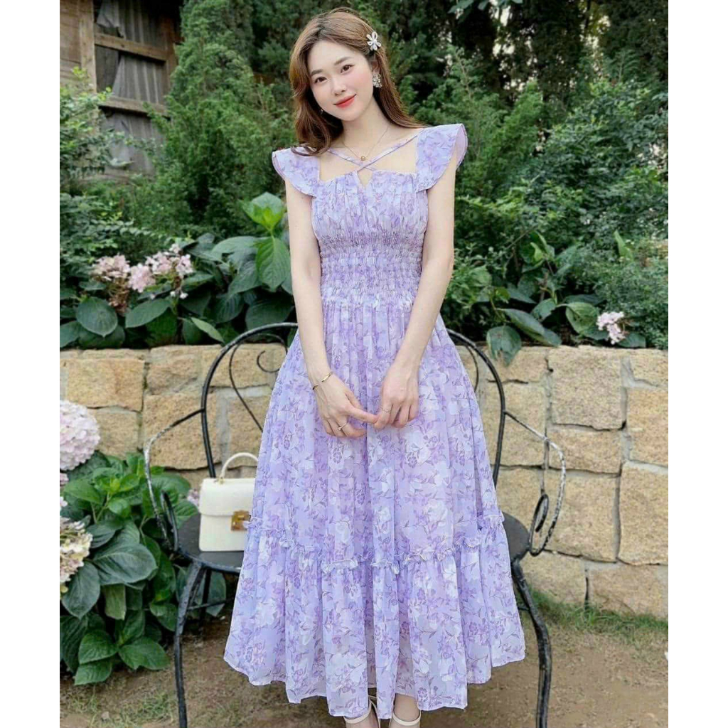 Đầm váy nữ voan hoa nhí xòe mocking nhún cánh tiên tone màu tím nhẹ nhàng, sáng da