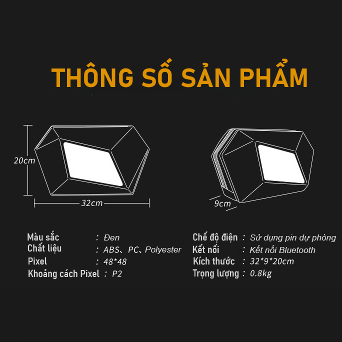 Túi đeo chéo mắt LED Piramy, túi đeo chéo mắt LED chống nước tích hợp màn hình LED, kết nối app