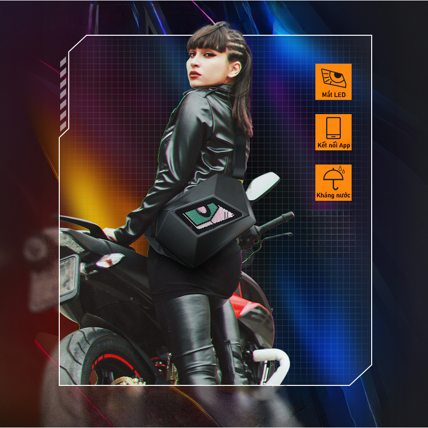Túi đeo chéo mắt LED Piramy, túi đeo chéo mắt LED chống nước tích hợp màn hình LED, kết nối app