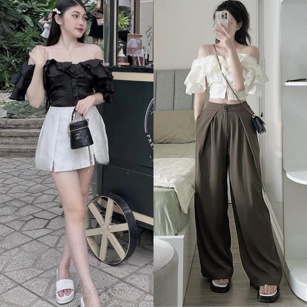 Áo trễ vai tay phồng Caliesweet áo hở vai bèo tầng thiết kế thời trang tôn dáng CMA0000A