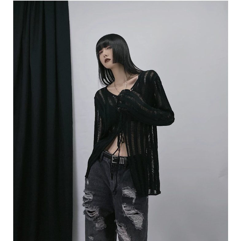 Áo len lưới rách, áo phông dài tay vạt hở rốn phối dây buộc phong cách hiphop đường phố Hàn Quốc hot 2023 ANASHOP9X