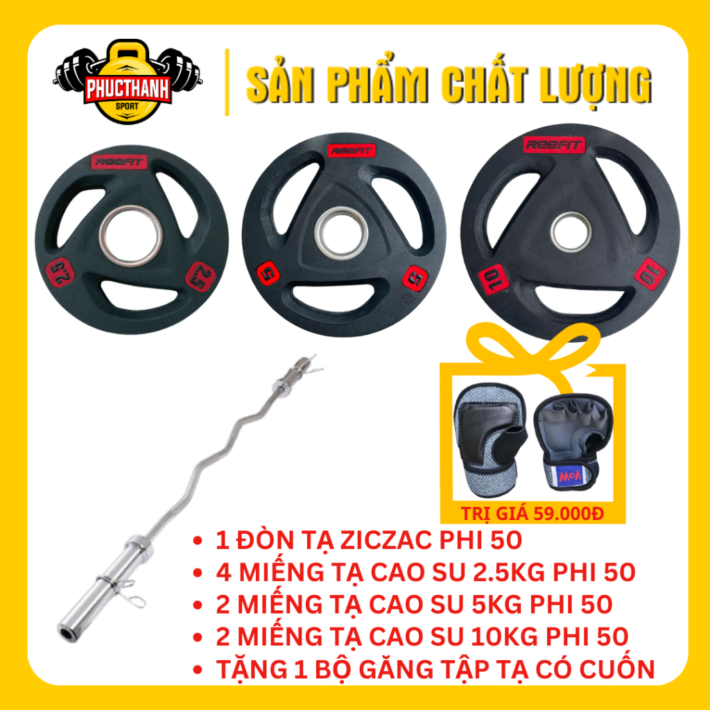 Combo đòn tạ chữ z (zic zac) phi 50 + 40kg tạ miếng cao su phi 50 (4 miếng 2.5kg, 2 miếng 5kg, 2 miếng 10kg) + găng tay