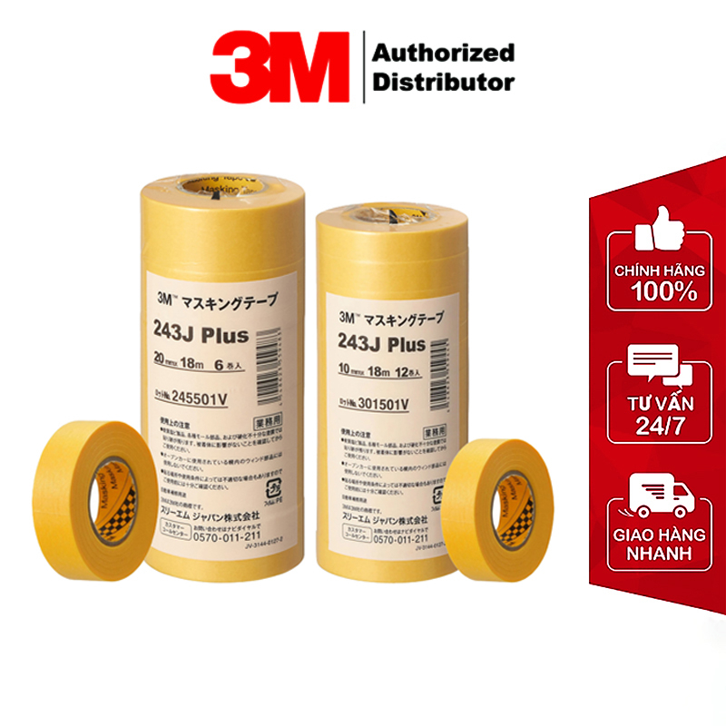 Băng keo giấy 3M 243J che sơn Masking Tape, 10mmx18m và 20mm x18m