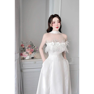 ĐẦM CÚP ĐÍNH HOA LÔNG VŨ