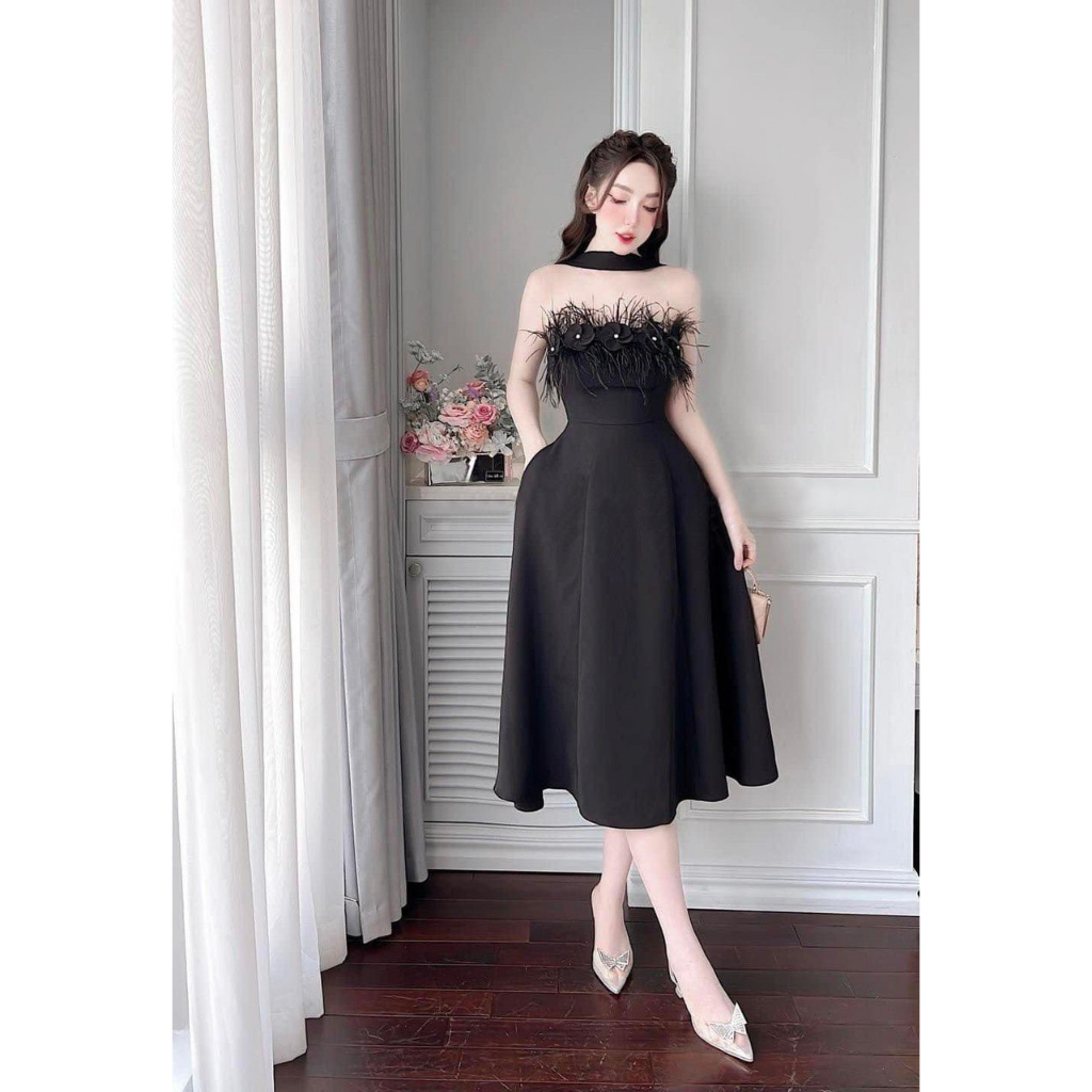 ĐẦM CÚP ĐÍNH HOA LÔNG VŨ