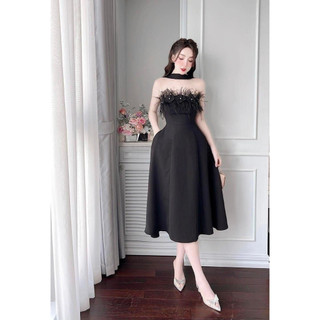 ĐẦM CÚP ĐÍNH HOA LÔNG VŨ